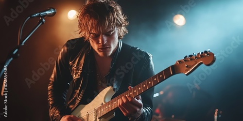 Rock guitarist performing on stage with lights and energy