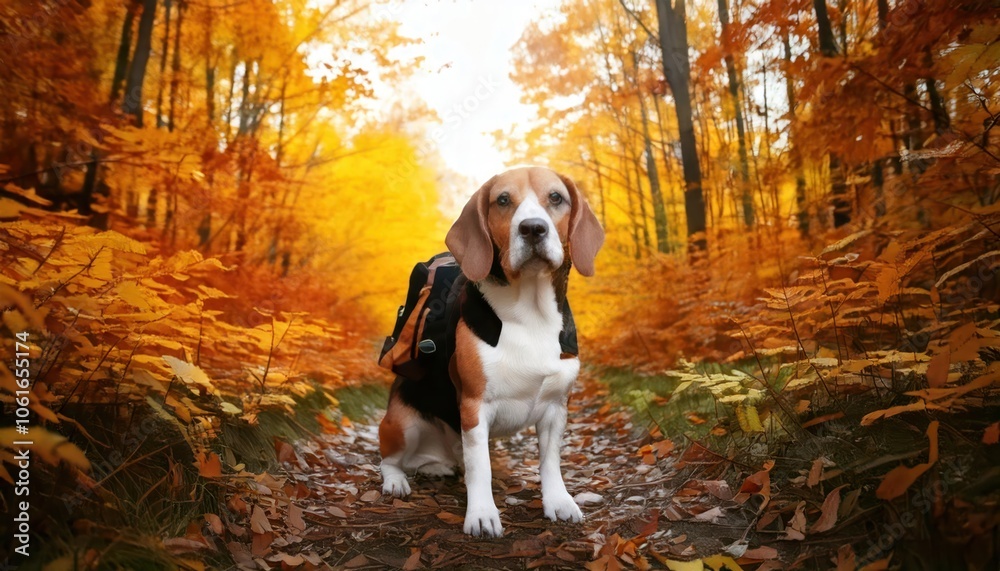 A beagle wearing a backpack stands on a forest trail, ready for an autumn adventure surround A beagle wearing a backpack stands on a forest trail, ready for an autumn adventure surround