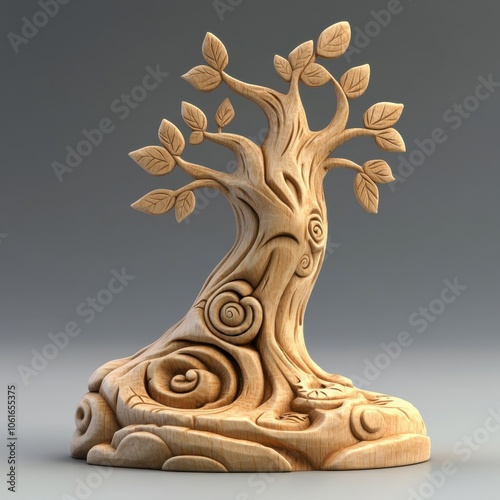 Whimsical Wooden Tree Sculpture with Swirling Branches and Leaves