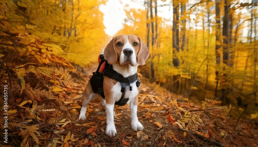 A beagle wearing a backpack stands on a forest trail, ready for an autumn adventure surround A beagle wearing a backpack stands on a forest trail, ready for an autumn adventure surround