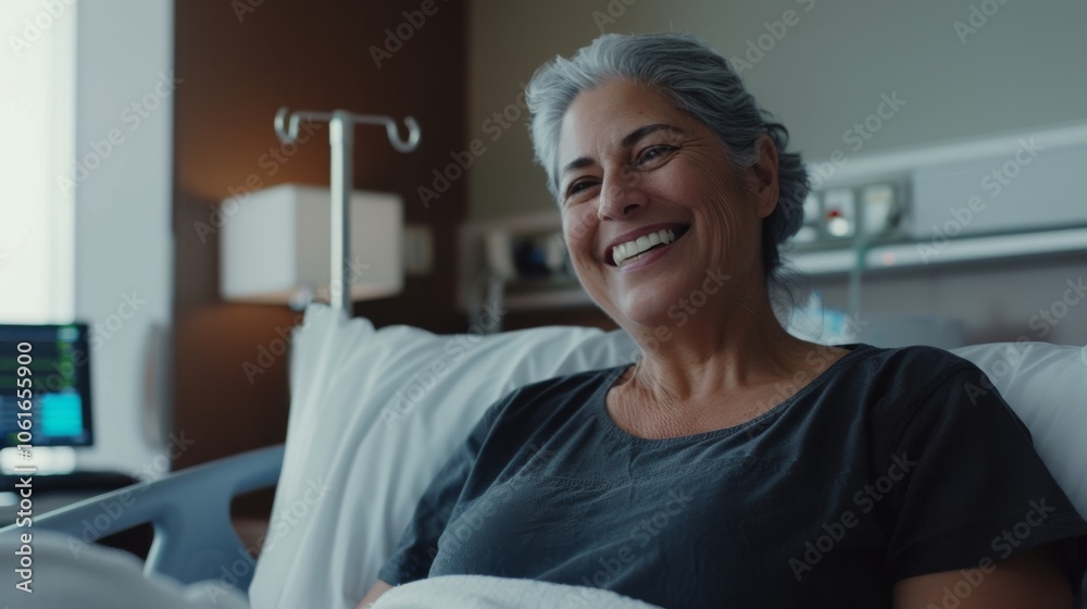 A cheerful woman in a hospital bed smiles radiantly, surrounded by warm lighting and medical equipment, exuding gratitude and resilience. A cheerful woman in a hospital bed smiles radiantly, surrounded by warm lighting and medical equipment, exuding gratitude and resilience.