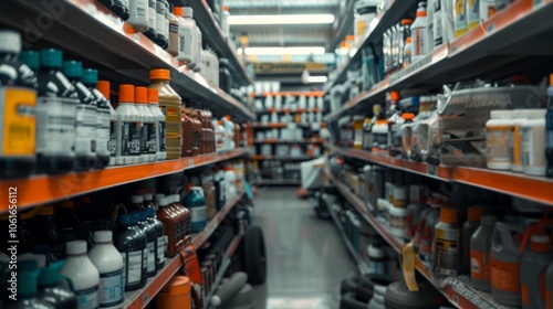 Grocery store aisles brimming with colorful cleaning products, creating a bustling atmosphere of industrial efficiency and consumer choice.