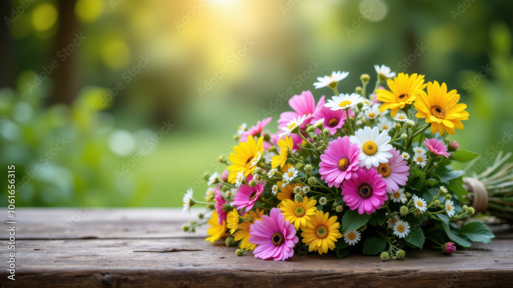 Colorful flower bouquet on rustic wooden table. Colorful flower bouquet on rustic wooden table.