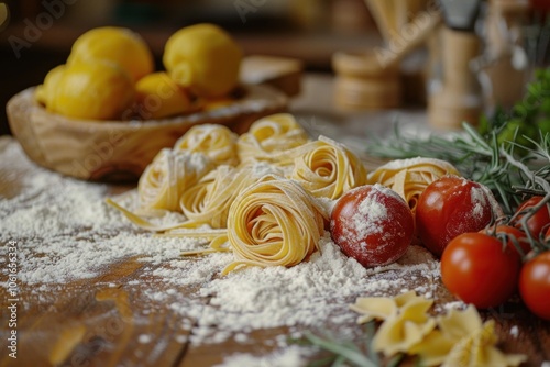 Fresh homemade fettuccine pasta with tomatoes and flour dusting on wooden table