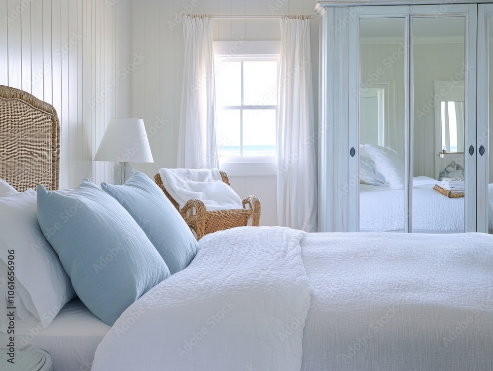 White Bedroom with Blue Pillows and a View of the Sea. White Bedroom with Blue Pillows and a View of the Sea.