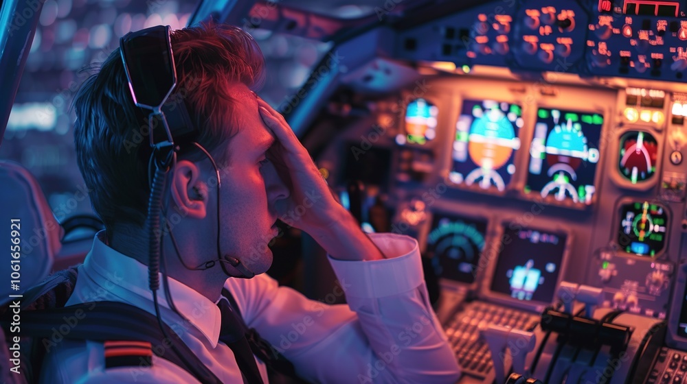 Fototapeta premium Pilot sitting in cockpit, looking frustrated and holding head, surrounded by flight instruments and control panels, capturing stress and responsibility in aviation, pilot error concept.