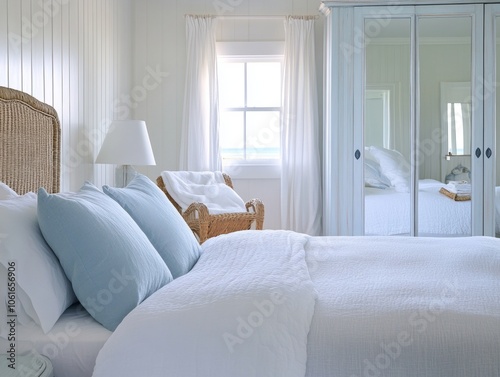 White Bedroom with Blue Pillows and a View of the Sea.