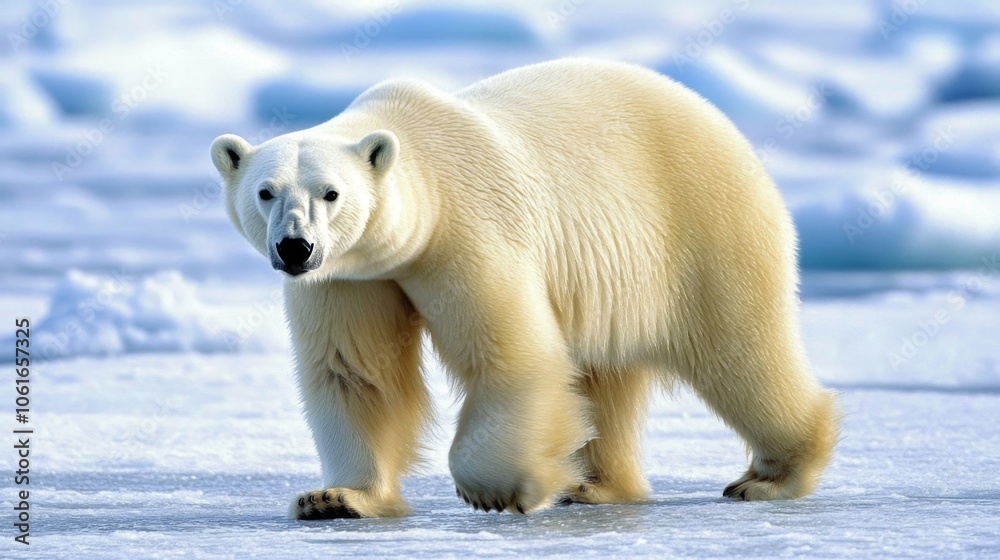 Polar bear walking on the ice in the Arctic, with a vast expanse of snow and ice around. Solitary figure in a frozen wilderness. Polar bear walking on the ice in the Arctic, with a vast expanse of snow and ice around. Solitary figure in a frozen wilderness.