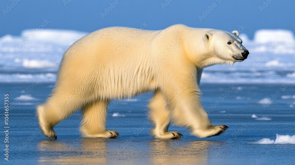 Polar bear walking on the ice in the Arctic, with a vast expanse of snow and ice around. Solitary figure in a frozen wilderness. Polar bear walking on the ice in the Arctic, with a vast expanse of snow and ice around. Solitary figure in a frozen wilderness.