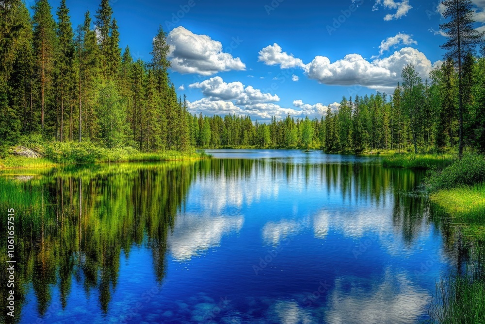 A serene lake surrounded by tall trees in a dense forest A serene lake surrounded by tall trees in a dense forest