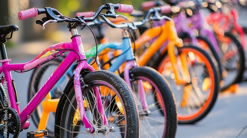 Colorful Bicycles Lined Up on Urban Street. Vibrant Cycling Scene in Sunset Glow