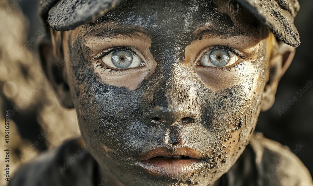 Muddy child, eyes wide, open mouth. Muddy child, eyes wide, open mouth.