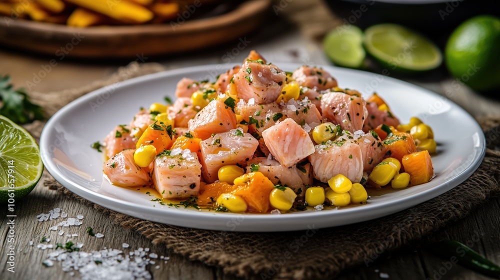 A vibrant plate of Peruvian ceviche showcases fresh fish marinated in lime, mixed with corn and colorful ingredients, perfect for a coastal feast in Peru A vibrant plate of Peruvian ceviche showcases fresh fish marinated in lime, mixed with corn and colorful ingredients, perfect for a coastal feast in Peru