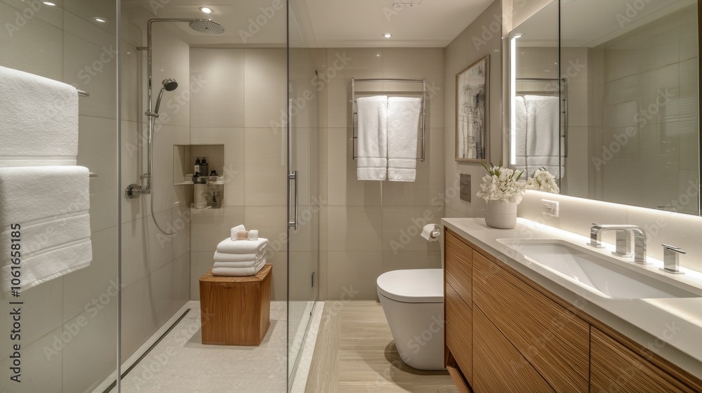 Modern Bathroom Interior Design with Glass Shower and Wooden Vanity.
