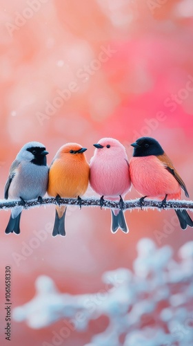 Four colorful birds sit together on a frosty branch, showcasing vibrant plumage against a soft blurred background, evoking a serene winter scene.