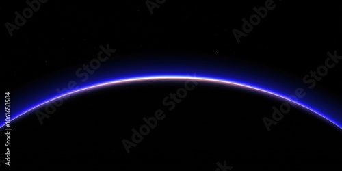 Majestätische Silhouette eines blauen Planeten im Weltall. Dramatischer Blick auf die leuchtende Atmosphäre gegen den dunklen Kosmos. Sci-Fi, Astronomie, Raumfahrt photo