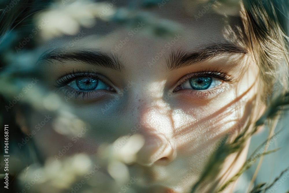 A close-up shot of a person with striking blue eyes, ideal for use in portraits, fashion, or beauty ads A close-up shot of a person with striking blue eyes, ideal for use in portraits, fashion, or beauty ads