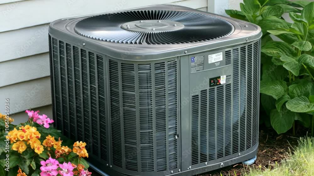 A central air conditioning unit sits outside a home, surrounded by flowers and green shrubs