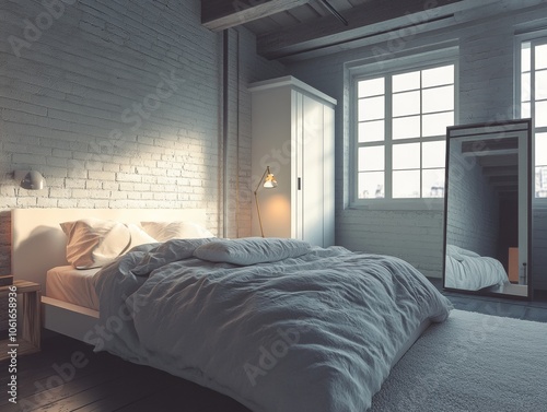 Modern Loft Bedroom with Exposed Brick Wall.