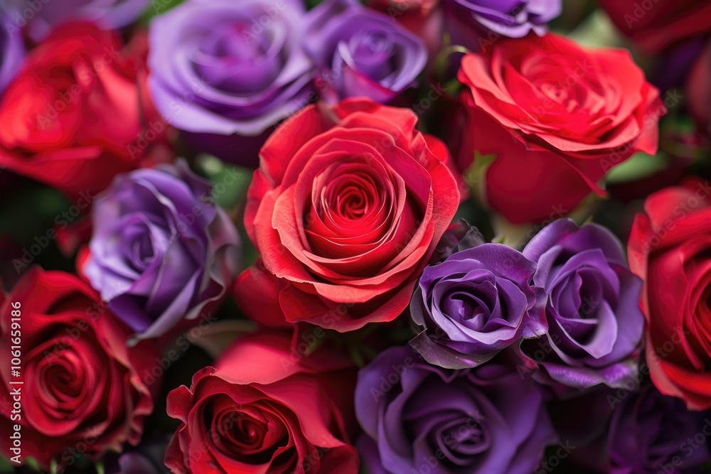 A bouquet of purple and red roses arranged in a decorative vase A bouquet of purple and red roses arranged in a decorative vase
