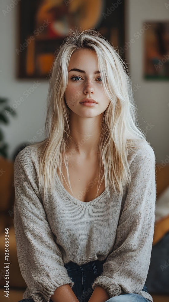 Fototapeta premium Portrait of a young Caucasian woman with long blonde hair in a cozy setting.