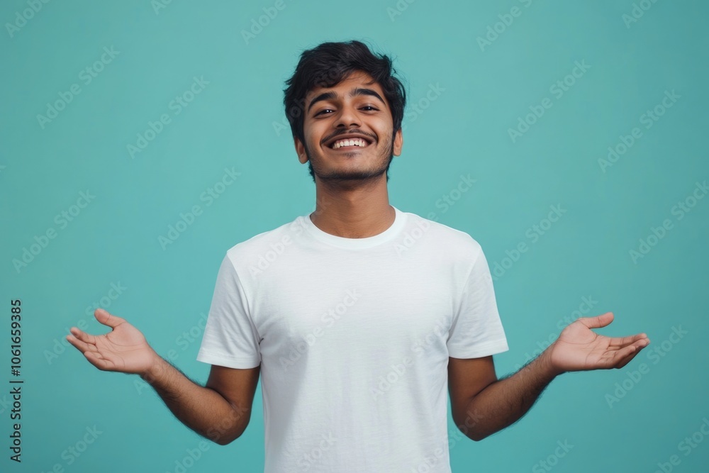 A smiling man holds his arms open, conveying joy or invitation
