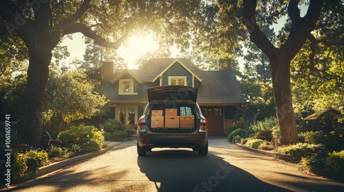 A Family SUV Packed with Luggage in Front of a Cozy Home, Ready for a Road Trip Adventure, Surrounded by Sunlight and Trees
