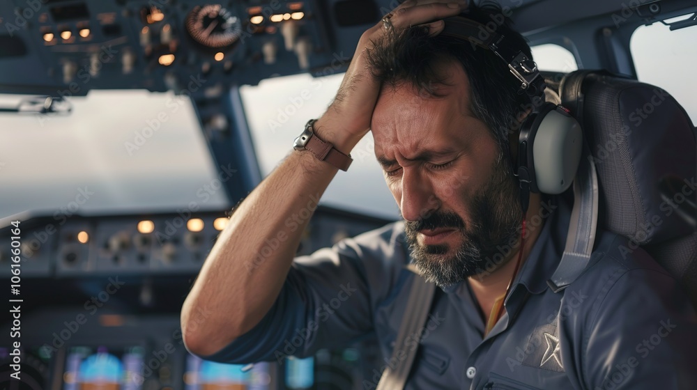 Pilot sitting in cockpit, looking frustrated and holding head, surrounded by flight instruments and control panels, capturing stress and responsibility in aviation, pilot error concept. Pilot sitting in cockpit, looking frustrated and holding head, surrounded by flight instruments and control panels, capturing stress and responsibility in aviation, pilot error concept.