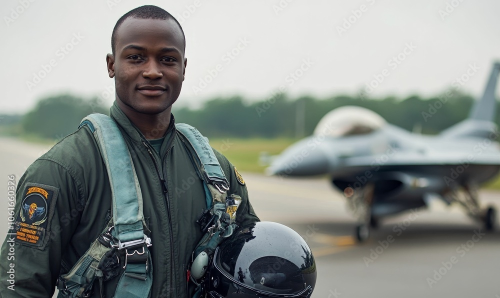 Pilot in flight suit near fighter jet. Pilot in flight suit near fighter jet.