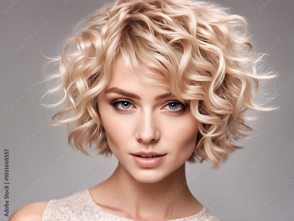 Beautiful model girl with short hair. Beauty woman with blonde curly hairstyle dye. Fashion, cosmetics and makeup