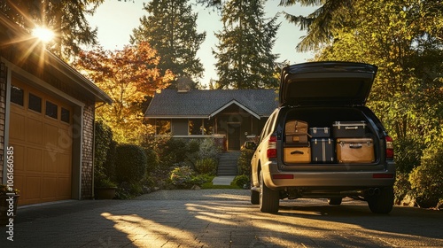 Road Trip Ready: A Family SUV Packed with Luggage in Front of a Suburban Home, Capturing the Excitement of Travel