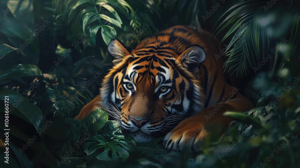 Fototapeta premium A tiger resting in the midst of a dense jungle, surrounded by lush green foliage and vibrant flowers