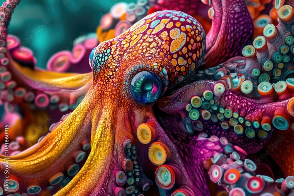 Obraz premium A detailed view of an octopus showcasing its vibrant color patterns, ideal for illustrations or educational materials