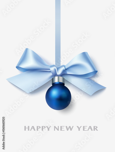 Decorative dusty blue bow with blue Christmas ball and vertical blue ribbon isolated on white. Beautiful decoration element for New Year or Christmas design. Vector stock illustration.