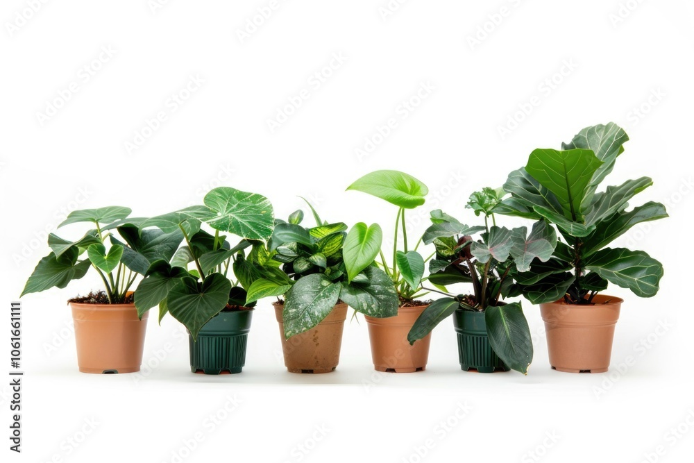 A collection of potted plants arranged on a clean white surface A collection of potted plants arranged on a clean white surface