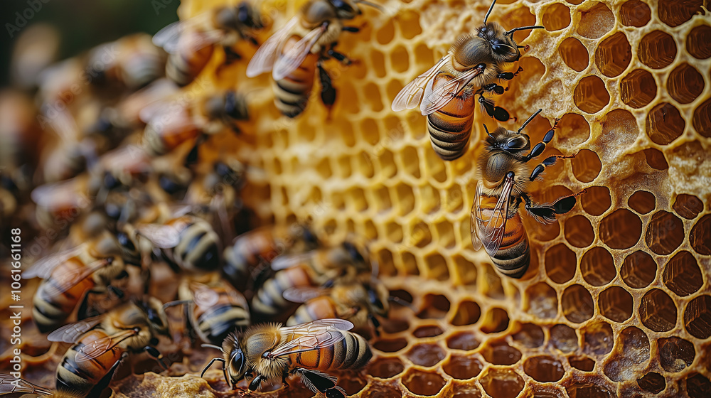 Honeycomb with bees close-up photo background. Honeycomb with bees close-up photo background.