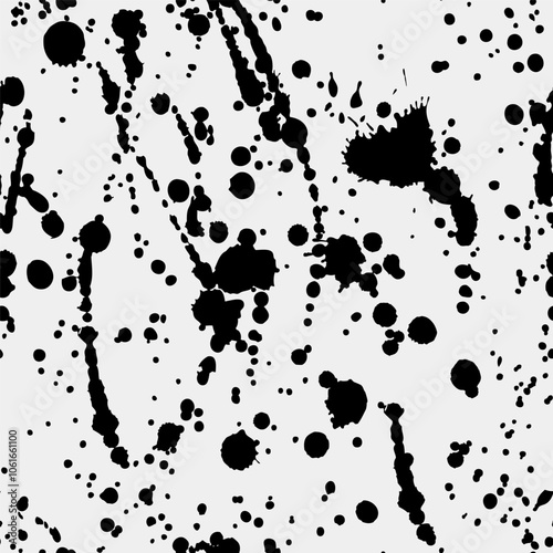 Seamless pattern with abstract grunge black ink spots, blots on white background. Wallpaper design template. Vector stock illustration.