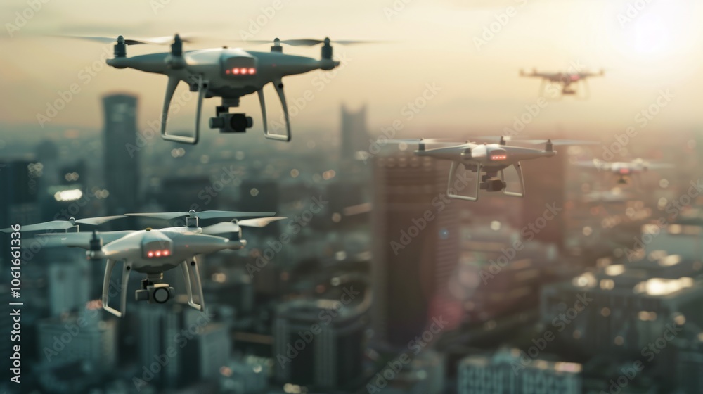 A flock of drones soars over a modern cityscape at sunset, capturing the essence of technological advancement and connectivity. A flock of drones soars over a modern cityscape at sunset, capturing the essence of technological advancement and connectivity.