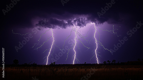 Lightning and thunderstorms in the night sky. Silhouettes of large lightning bolts against a dark background.