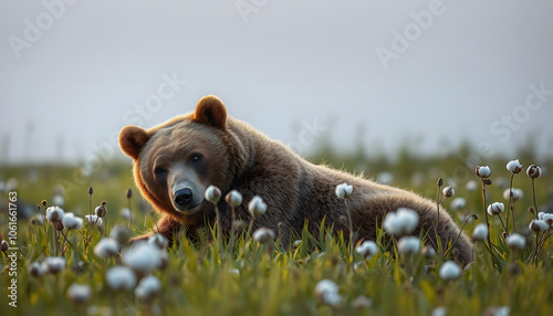 Brown bear resting and enjoying the evening in the middle of cotton grass isolated with white shades, png photo