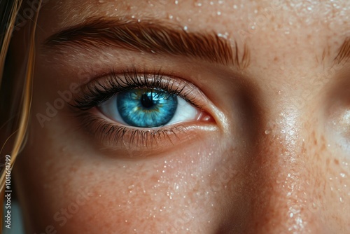 A detailed shot of a woman's blue eye with a subtle gaze