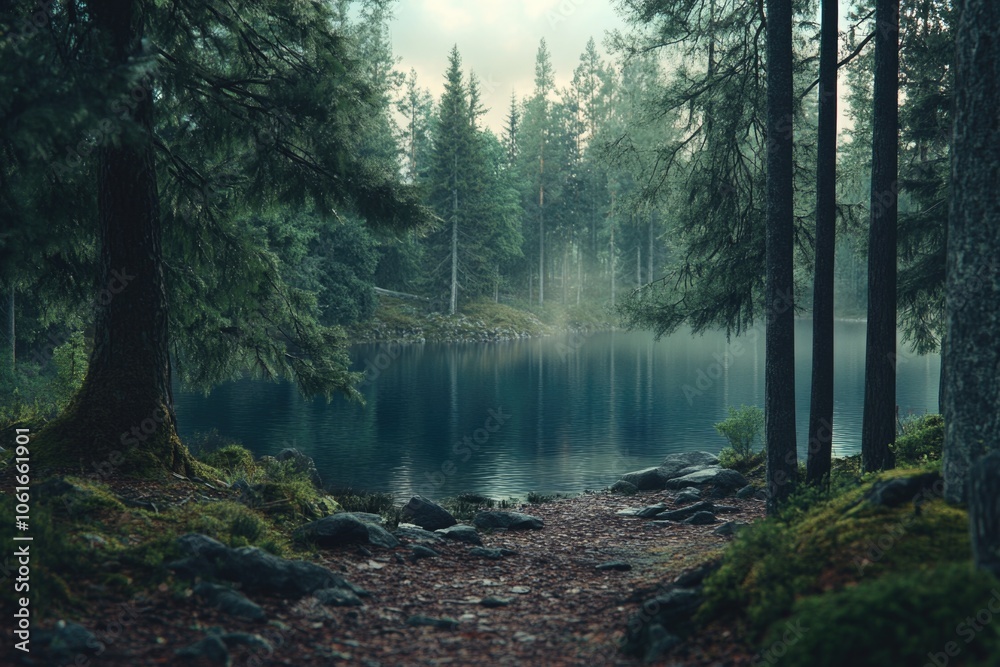 Obraz premium Lake surrounded by trees in a forest environment