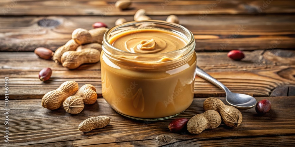 A Glass Jar Filled with Creamy Peanut Butter Surrounded by Shelled Peanuts on a Rustic Wooden Surface A Glass Jar Filled with Creamy Peanut Butter Surrounded by Shelled Peanuts on a Rustic Wooden Surface