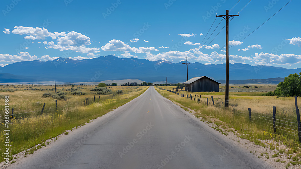 A long, straight road leads towards a distant mountain range with a lone barn on the side. A long, straight road leads towards a distant mountain range with a lone barn on the side.