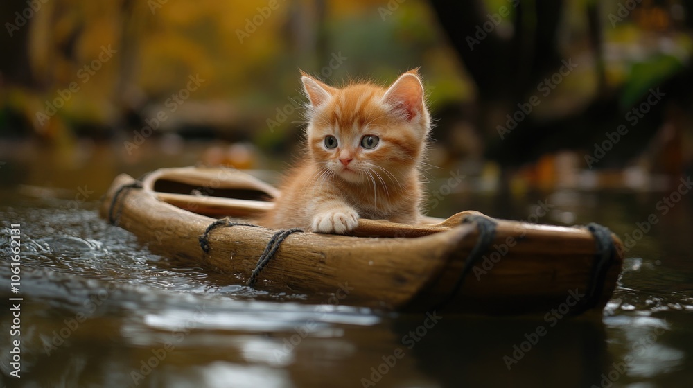 A small kitten sitting in a wooden canoe A small kitten sitting in a wooden canoe