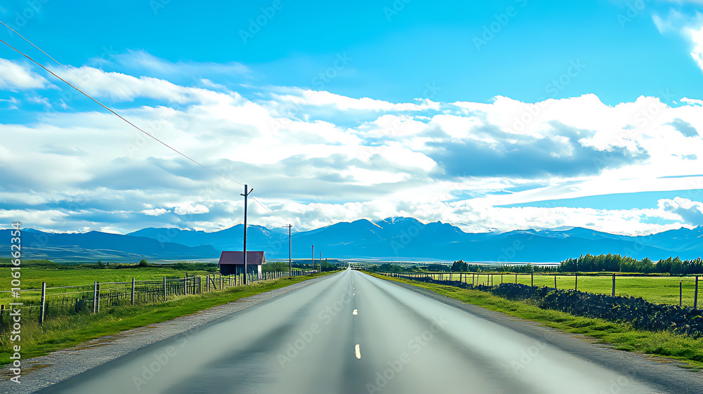 A long, straight road through a valley with mountains in the distance and a blue sky with white clouds. A long, straight road through a valley with mountains in the distance and a blue sky with white clouds.