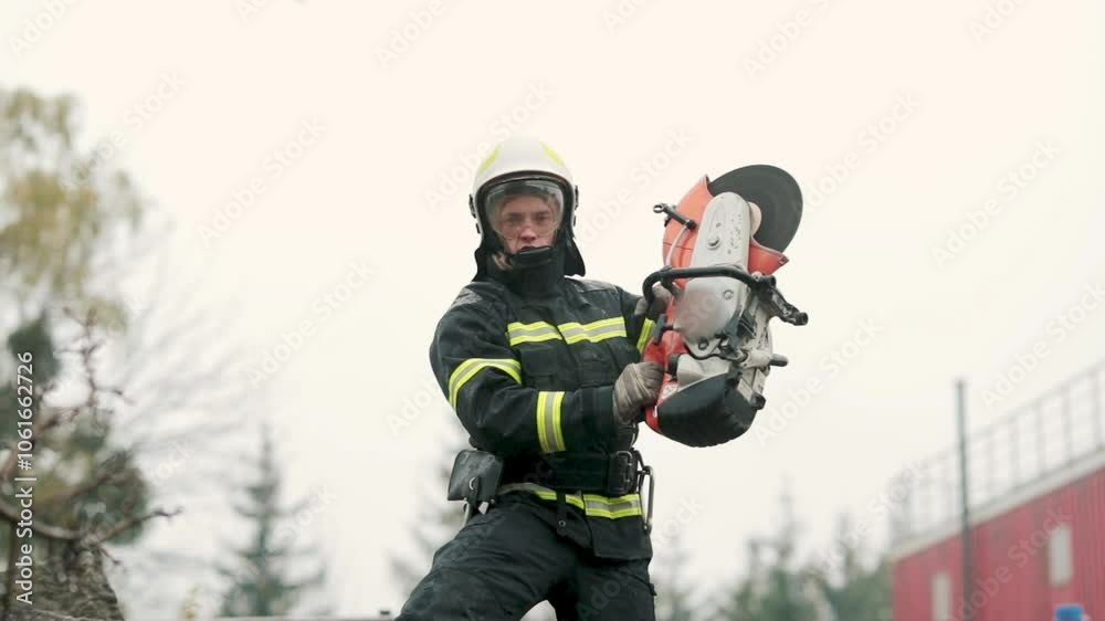 A firefighter works in extreme conditions, wearing protective clothing and a helmet, demonstrating professionalism and precision. A fireman cuts metal with a special tool, causing a powerful stream of A firefighter works in extreme conditions, wearing protective clothing and a helmet, demonstrating professionalism and precision. A fireman cuts metal with a special tool, causing a powerful stream of