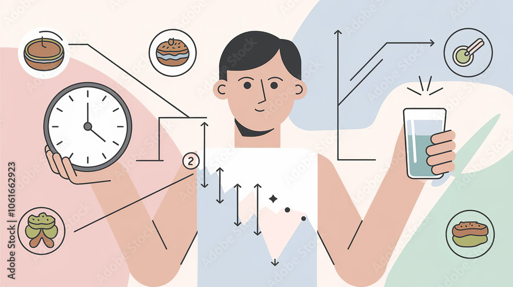 Intermittent fasting concept illustration. Man holding a clock in one hand and a water glass in the other. Fasting and disappearing meals poster, generative AI Intermittent fasting concept illustration. Man holding a clock in one hand and a water glass in the other. Fasting and disappearing meals poster, generative AI