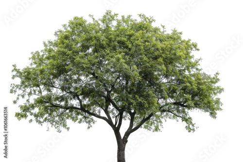 A close-up of a large tree with lush green leaves on a white background