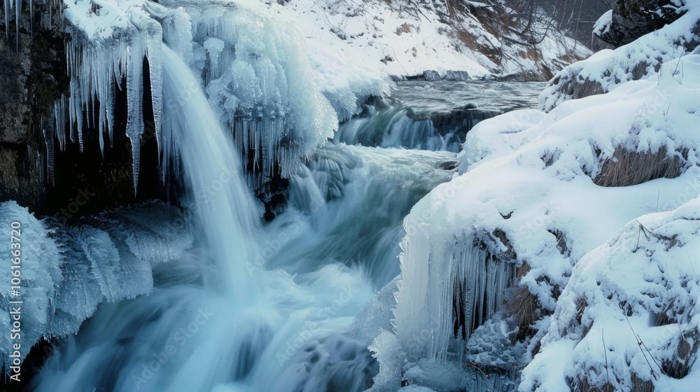 A serene winter waterfall cascades over icy rocks, surrounded by delicate icicles. A serene winter waterfall cascades over icy rocks, surrounded by delicate icicles.